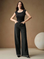 Myra - High Rise Pearl Embellished Wide Leg Jeans