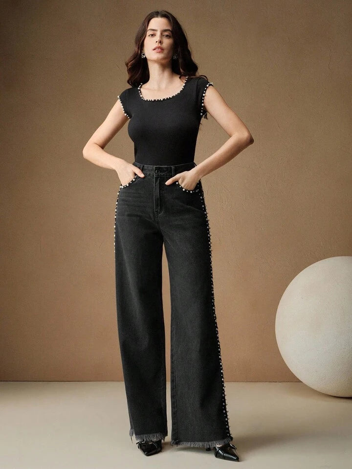 Myra - High Rise Pearl Embellished Wide Leg Jeans