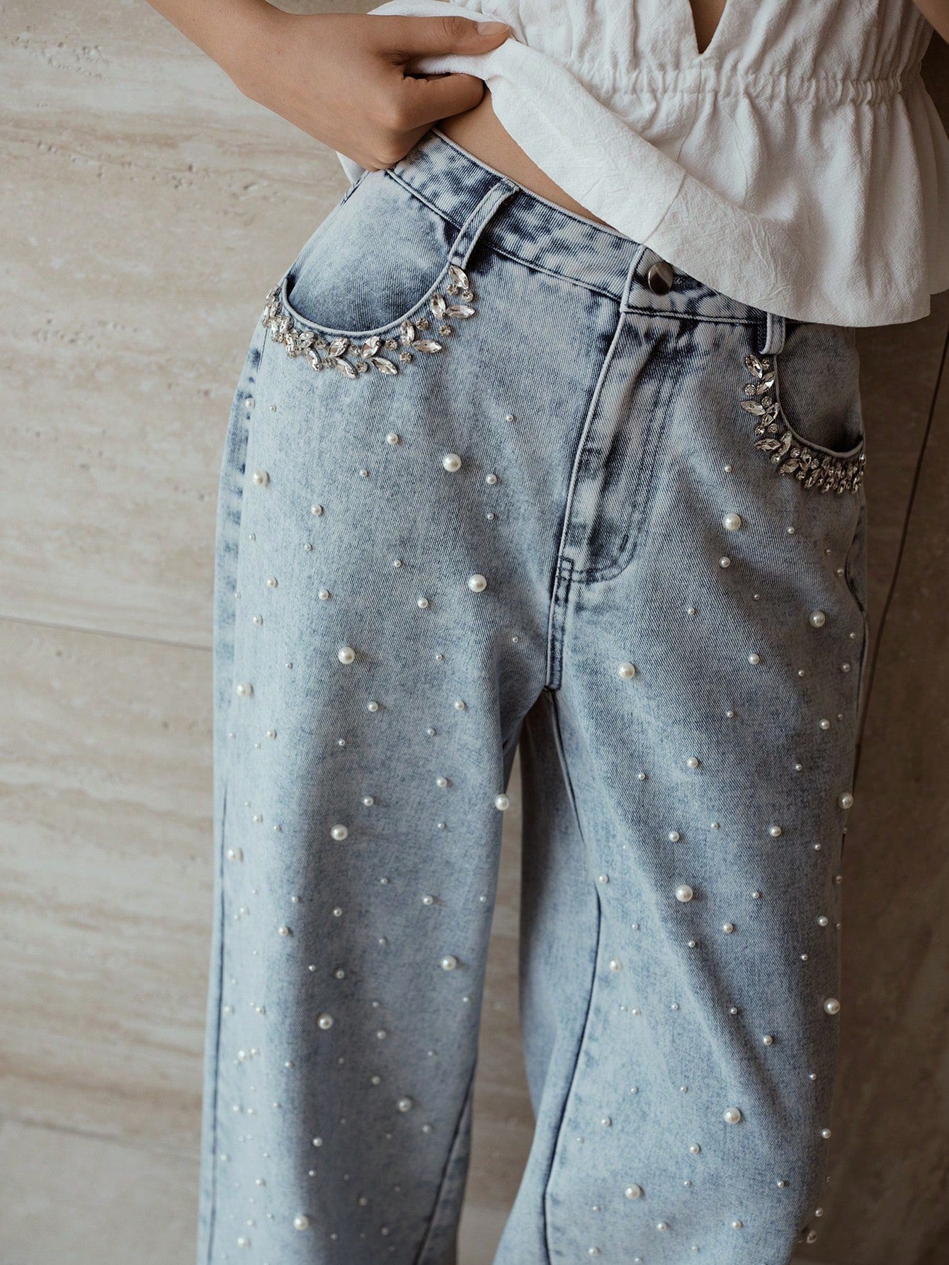 Garden of Light - Pearl Embellished Wide Leg Jeans - Ice Blue