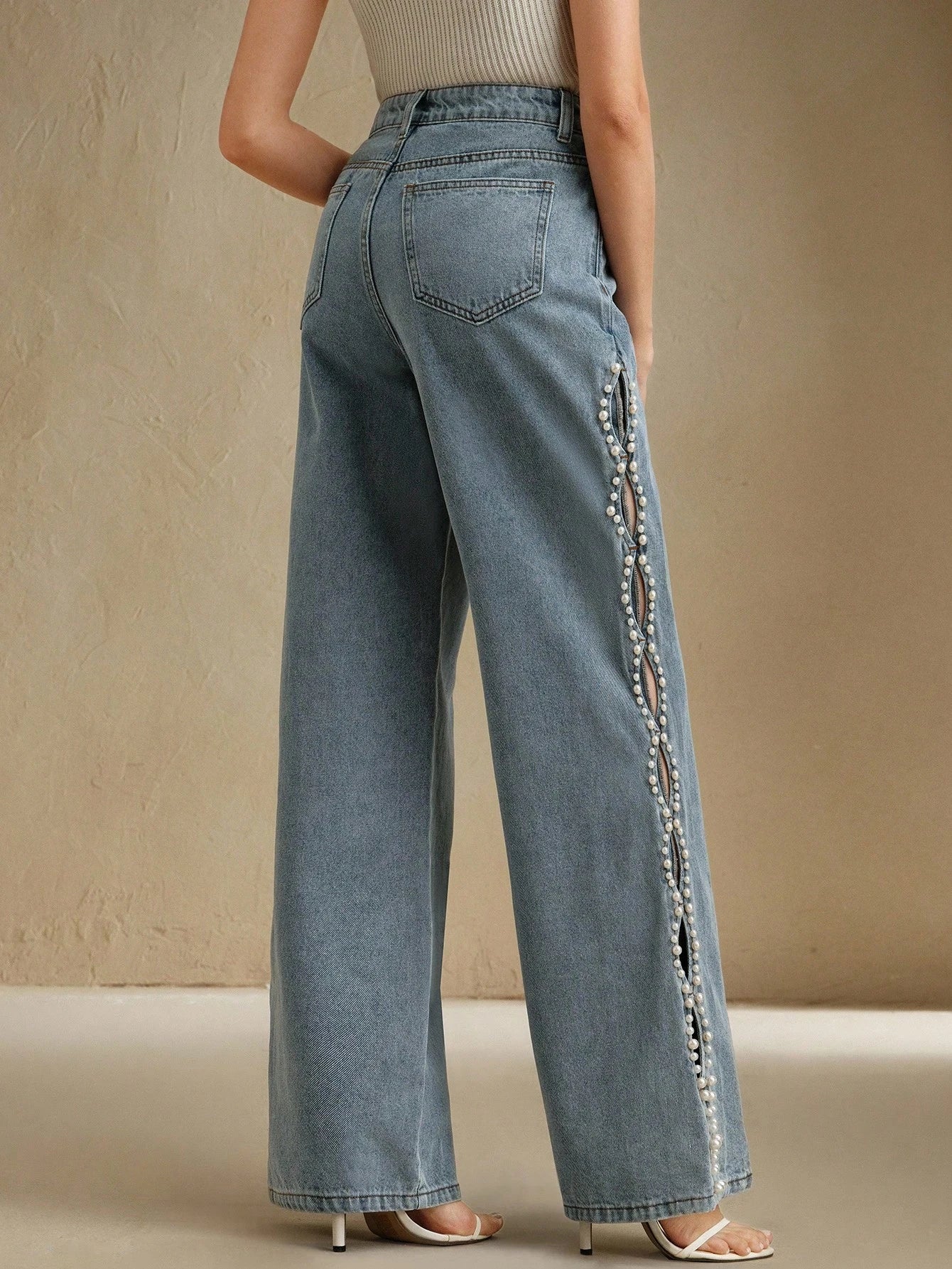 Ophelia - Pearl Embellished Wide Leg Jeans - Ice Blue