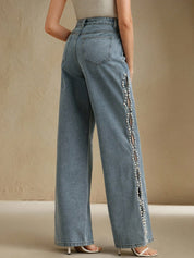 Ophelia - Pearl Embellished Wide Leg Jeans - Ice Blue