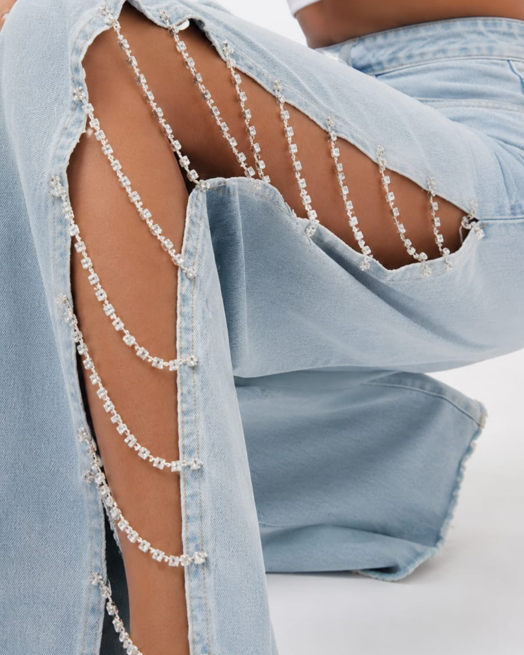 Side Slit Rhinestone Embellished Wide Leg Jeans - Ice Blue