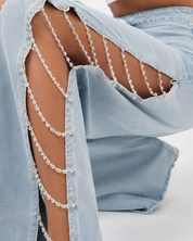 Side Slit Rhinestone Embellished Wide Leg Jeans - Ice Blue