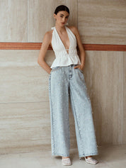 Garden of Light - Pearl Embellished Wide Leg Jeans - Ice Blue