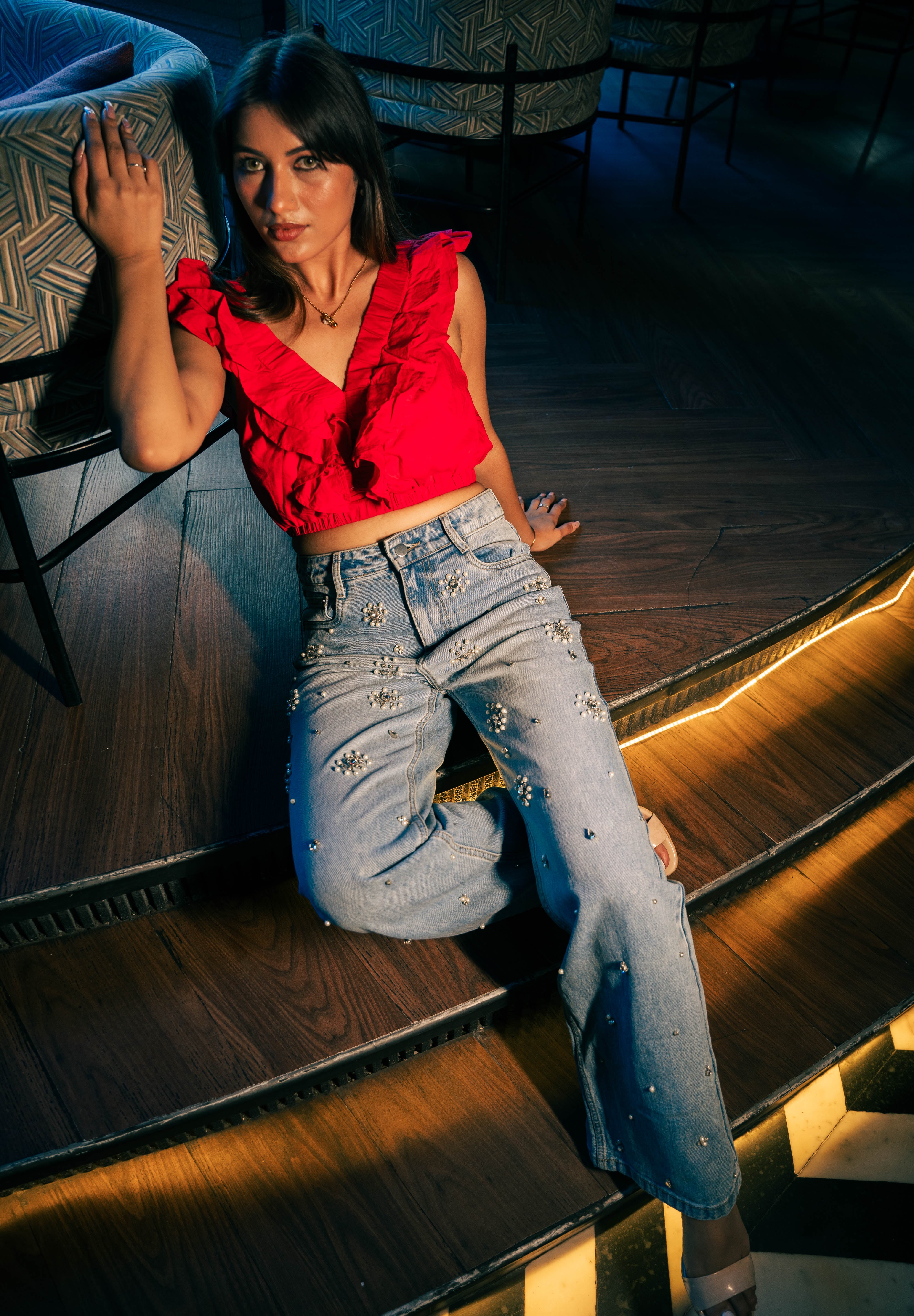 Dazie - Rhinestone Embellished Wide Leg Jeans