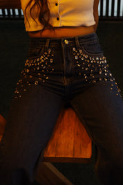 Tanya - Rhinestone Embellished Wide Leg Jeans - Dark Blue