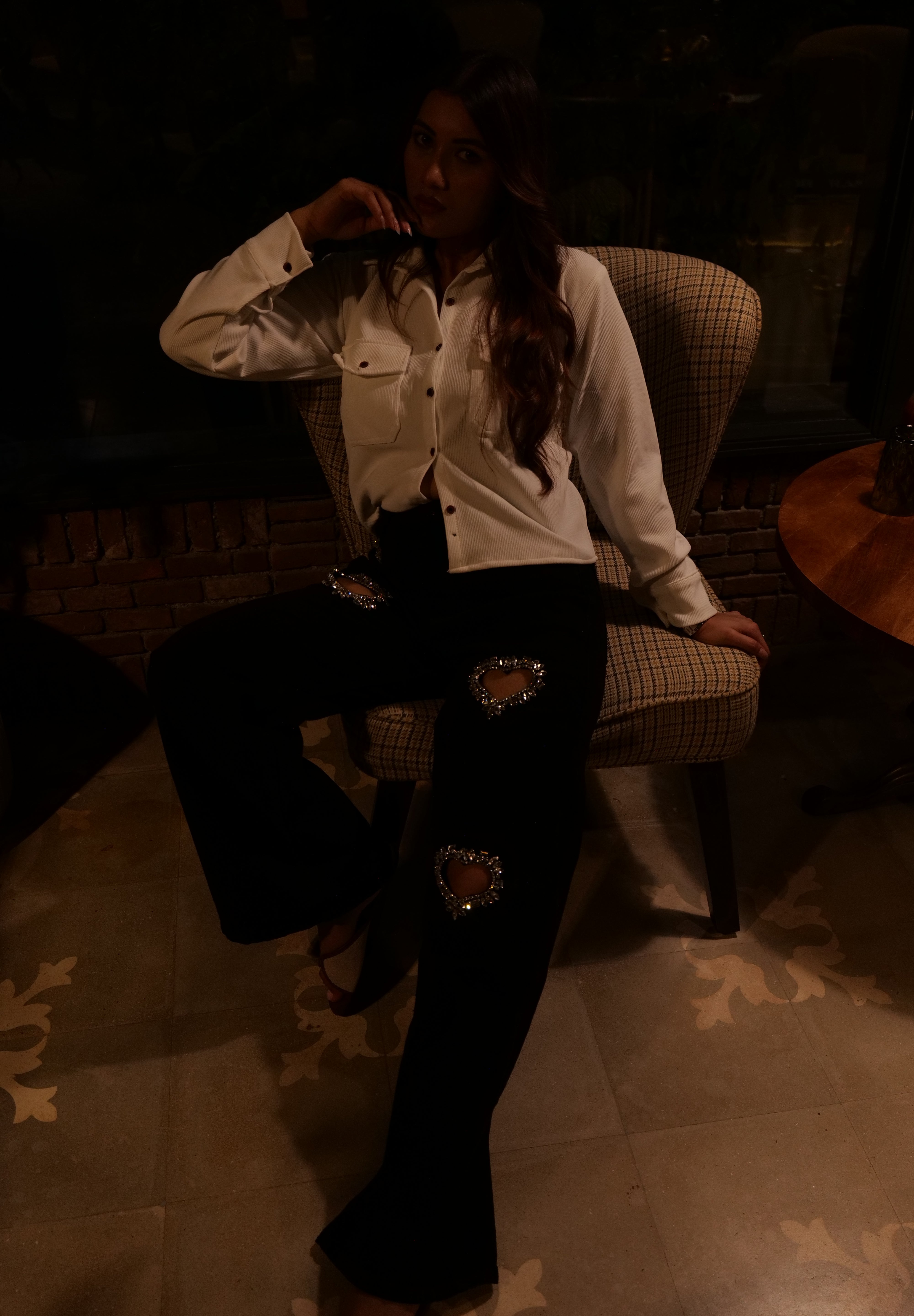 Black Heart - Rhinestone Embellished Cut Out Jeans - Black