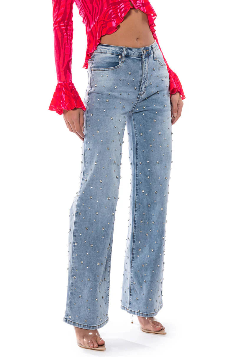 Lumière Rhinestone Embellished Wide Leg Jeans