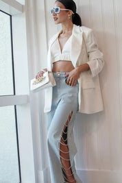 Side Slit Rhinestone Embellished Wide Leg Jeans