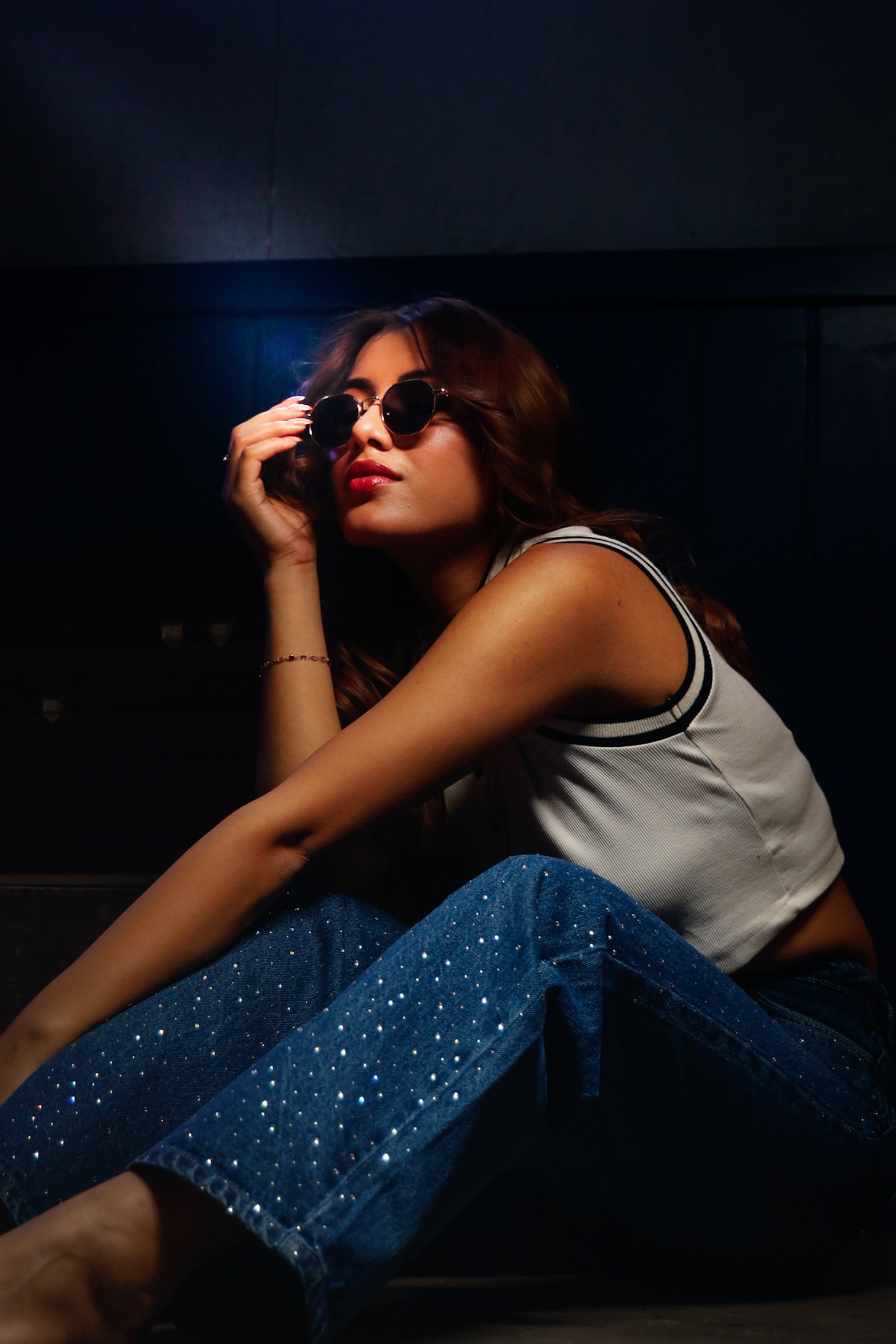 Midnight Blue Diamante Denim High Rise Wide Leg Jeans