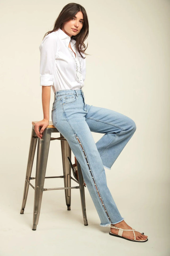 Pearl Slit Wide Leg Jeans - Ice Blue