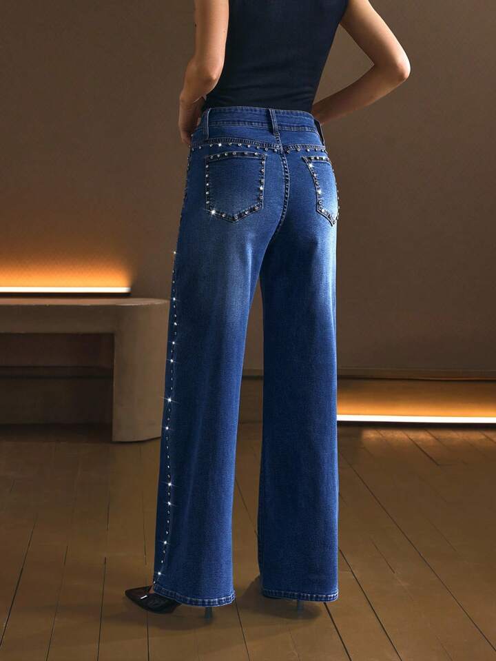 Starline - Rhinestone Embellished Wide Leg Jeans - Stone Blue