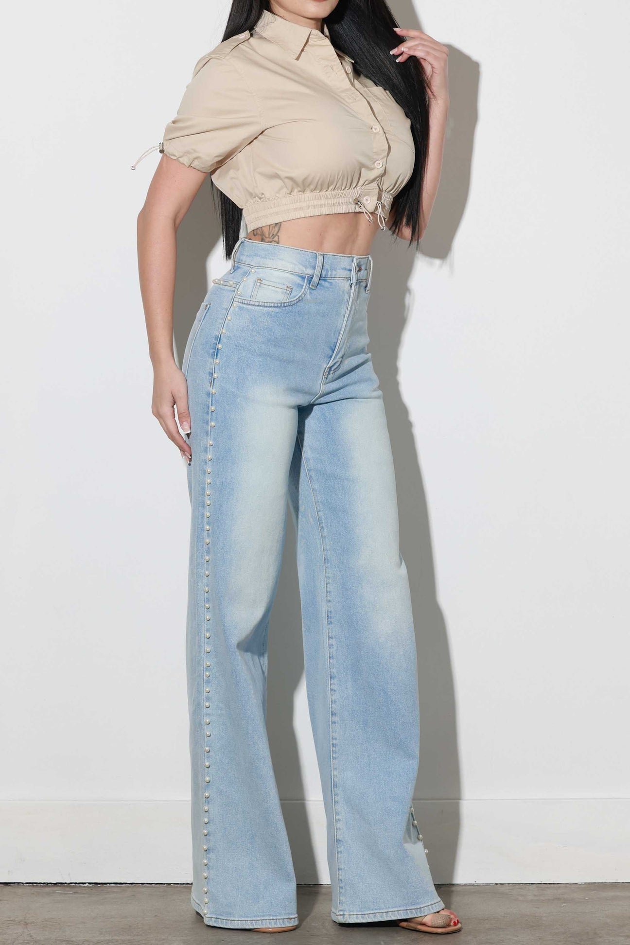 Pearl Studded Wide Leg Jeans - Ice Blue