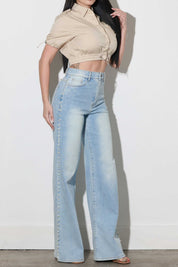 Pearl Studded Wide Leg Jeans - Ice Blue