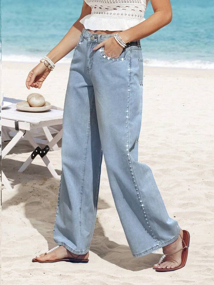 Samantha - Rhinestone Embellished Wide Leg Jeans - Ice Blue