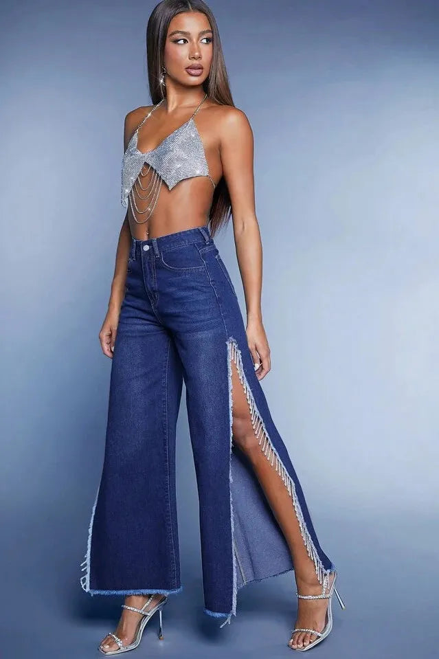 Aurora - High Rise Side Slit Tassel Jeans - Midnight Blue