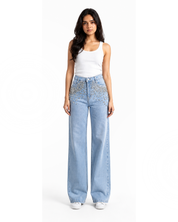 Glam Slam - Rhinestone Embellished Wide Leg Jeans - Ice Blue