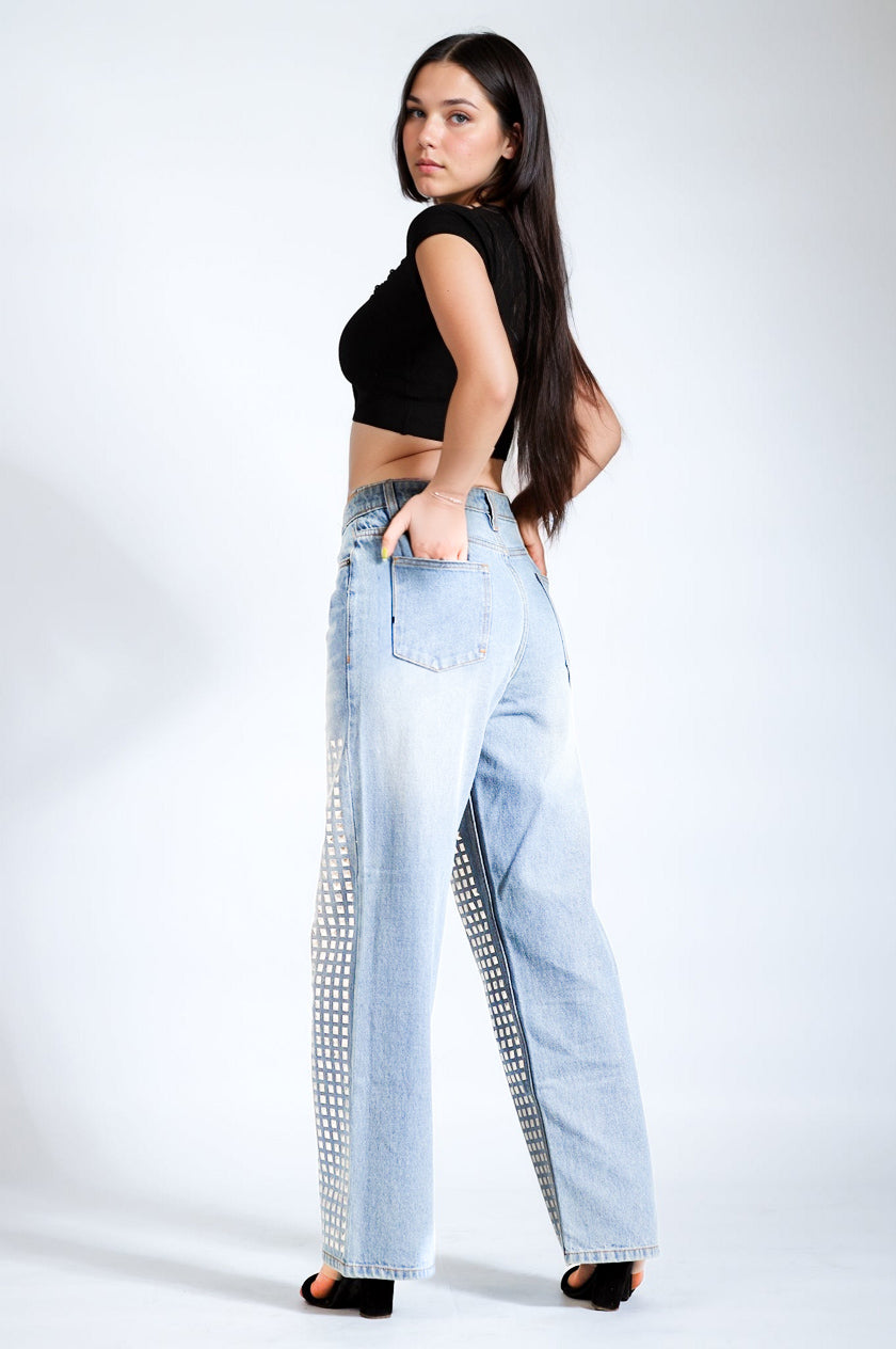 Studded Wide Leg Jeans - Ice Blue