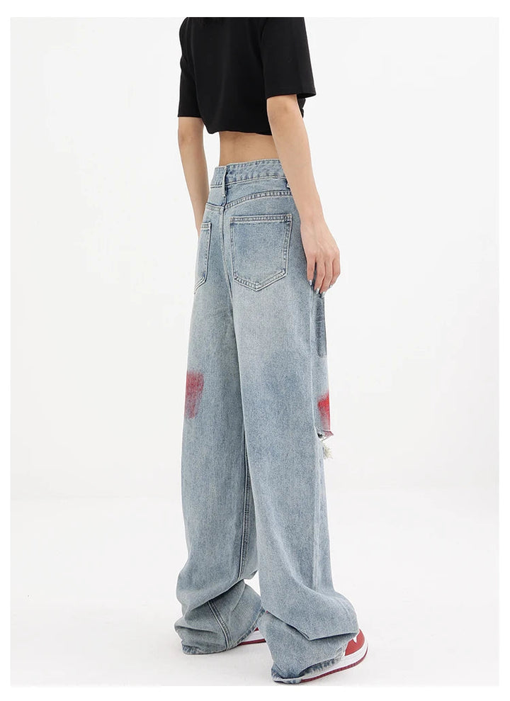 Painted Wide Leg Distressed Jeans - Vivienne