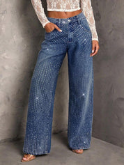 Hailey - Rhinestone Embellished Wide Leg Jeans - Dark Blue