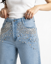 Glam Slam - Rhinestone Embellished Wide Leg Jeans - Ice Blue