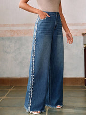 Pearl Affair - Pearl Embellished Wide Leg Jeans - Stone blue
