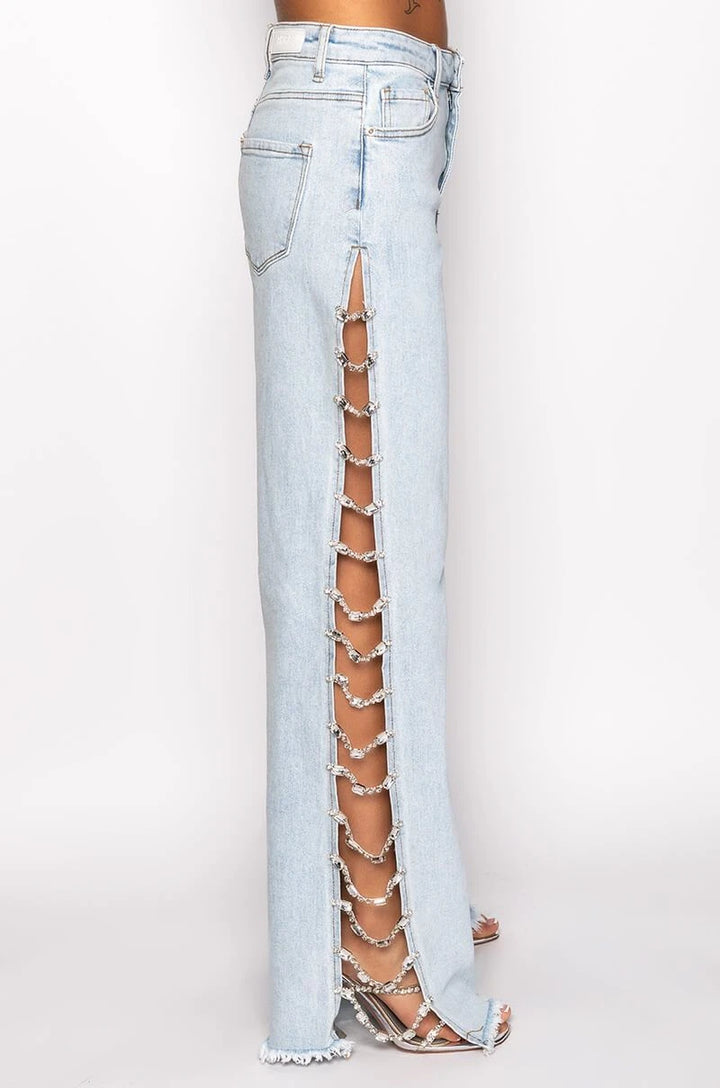 Side Slit Rhinestone Embellished Wide Leg Jeans