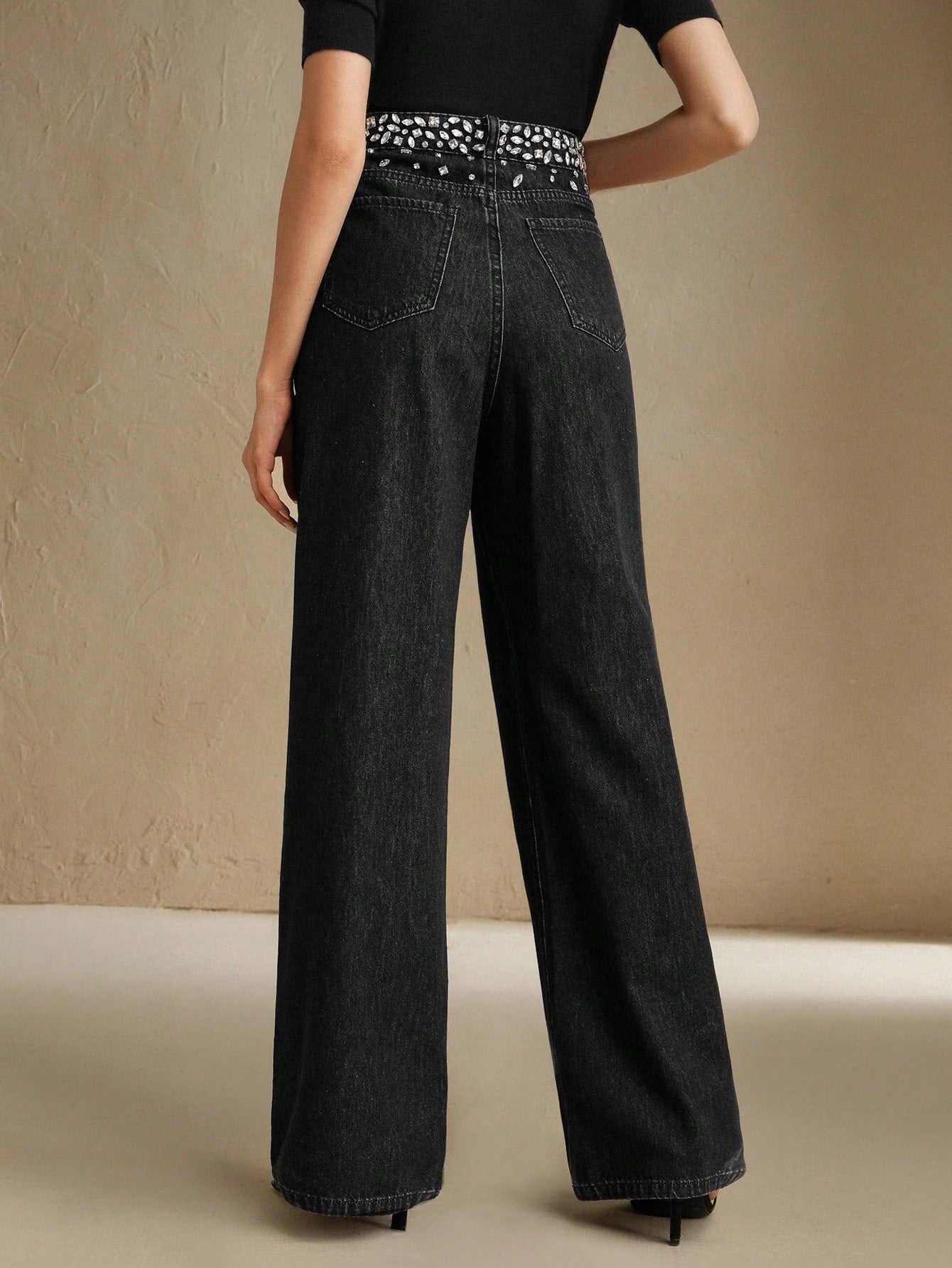 Black Dazzle Band - Rhinestone Embellished Wide Leg Jeans
