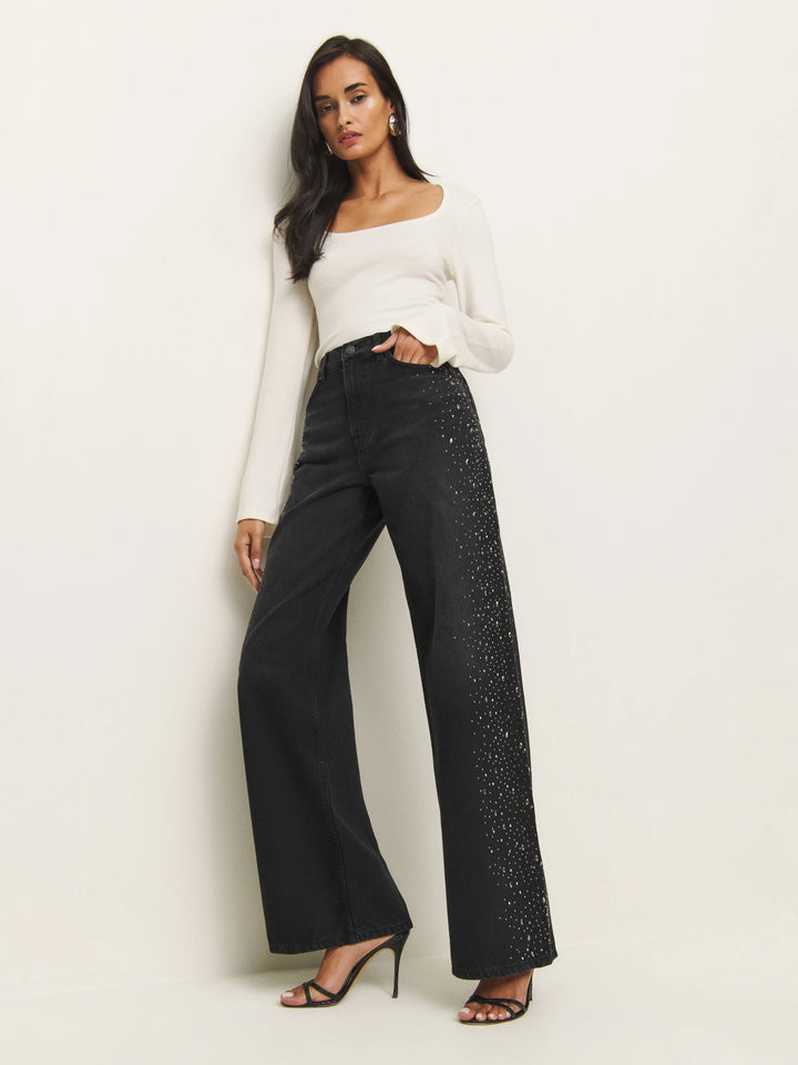 Celeste Noir - High Rise Rhinestone Embellished Wide Leg Flared Jeans