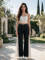 Belle - Pearl Embellished Lace Jeans - Black