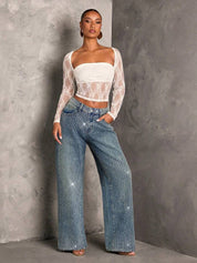 Nikki - Rhinestone Embellished Wide Leg Jeans - Ice Blue