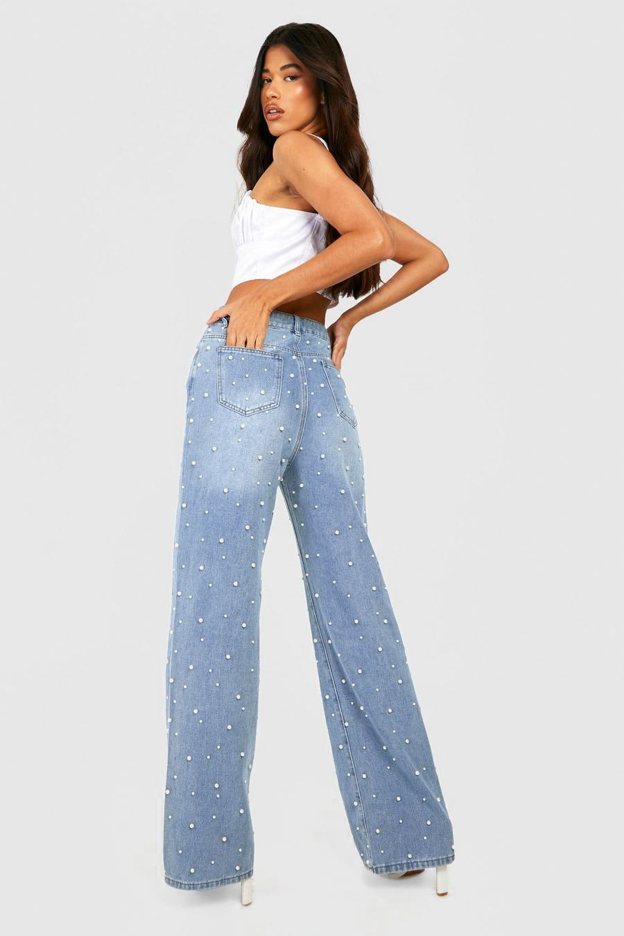 Limited Edition Pearl Embellished Wide Leg Jeans - Ice Blue