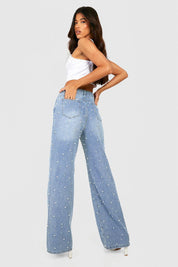 Limited Edition Pearl Embellished Wide Leg Jeans - Ice Blue