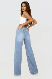 Limited Edition Pearl Embellished Wide Leg Jeans - Blue