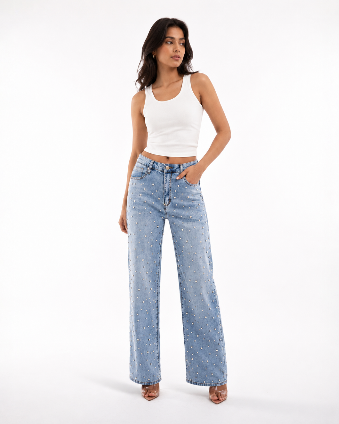 Lumière Rhinestone Embellished Wide Leg Jeans - Ice Blue
