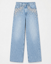 Glam Slam - Rhinestone Embellished Wide Leg Jeans - Ice Blue