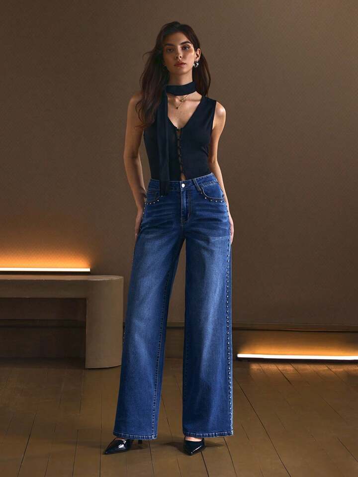 Starline - Rhinestone Embellished Wide Leg Jeans - Stone Blue
