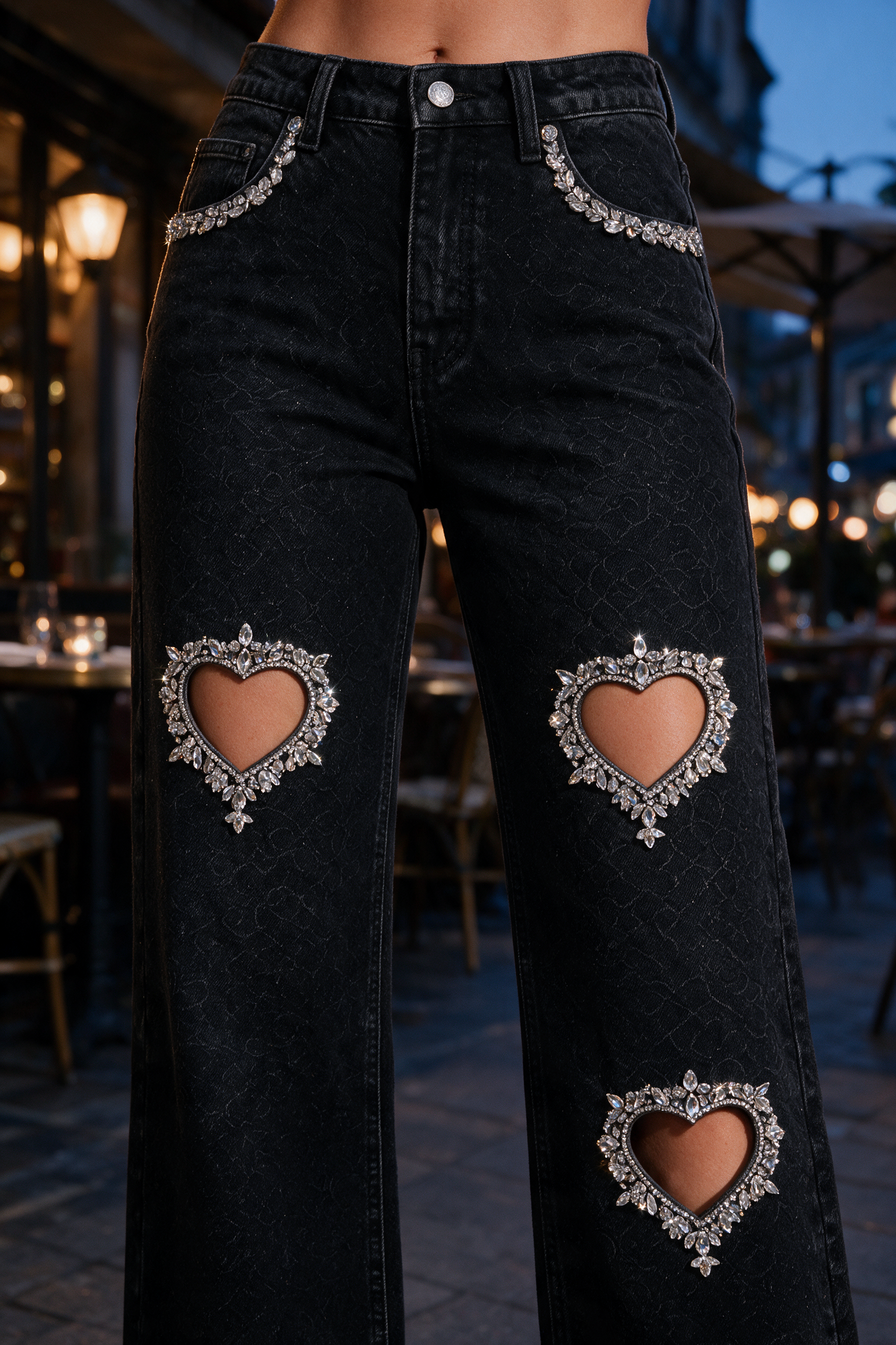 Black Heart - Rhinestone Embellished Cut Out Jeans - Black