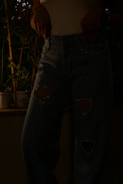 Cupid’s Charm - Rhinestone Embellished Cut Out Jeans - IceBlue