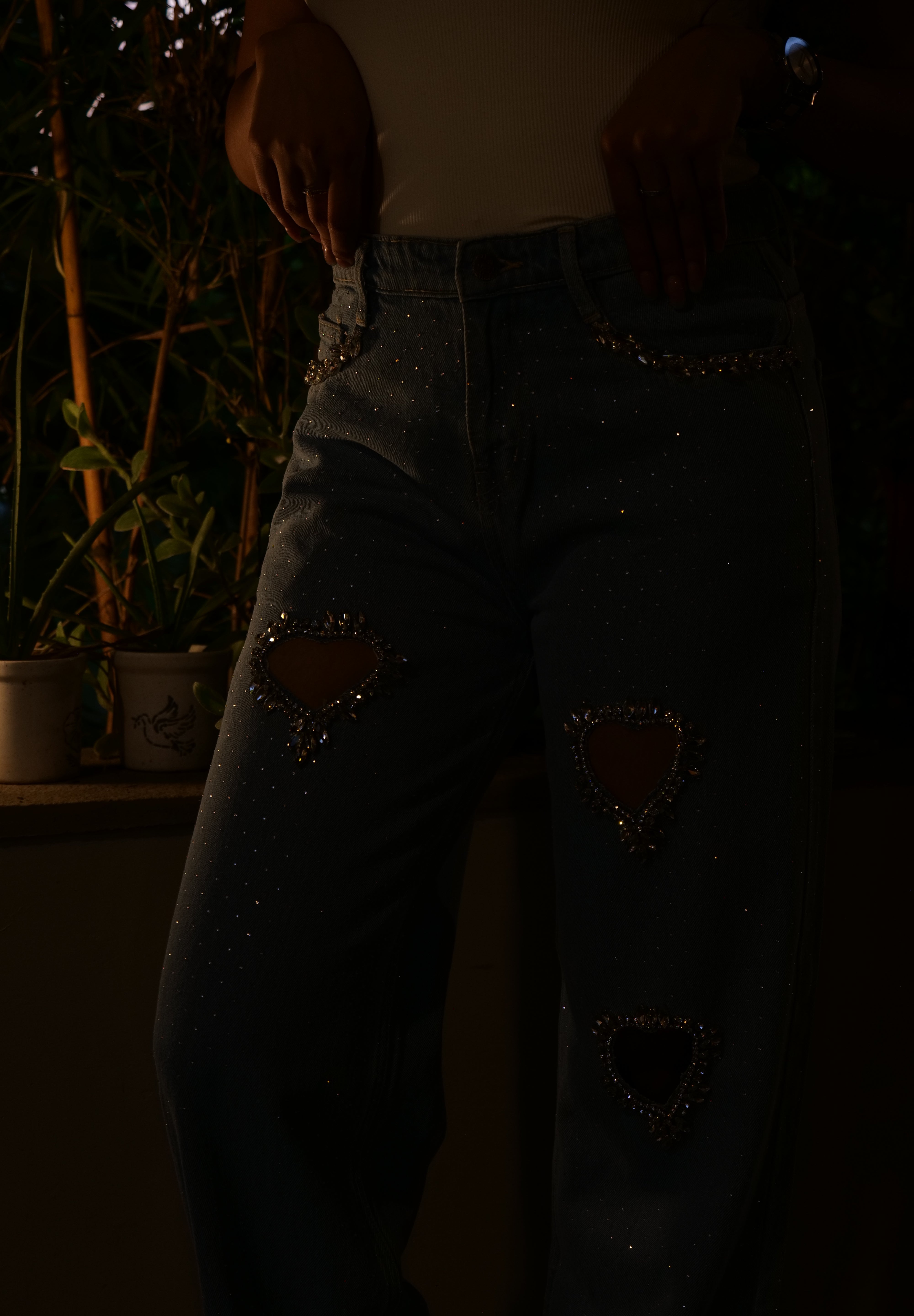 Cupid’s Charm - Rhinestone Embellished Cut Out Jeans - IceBlue