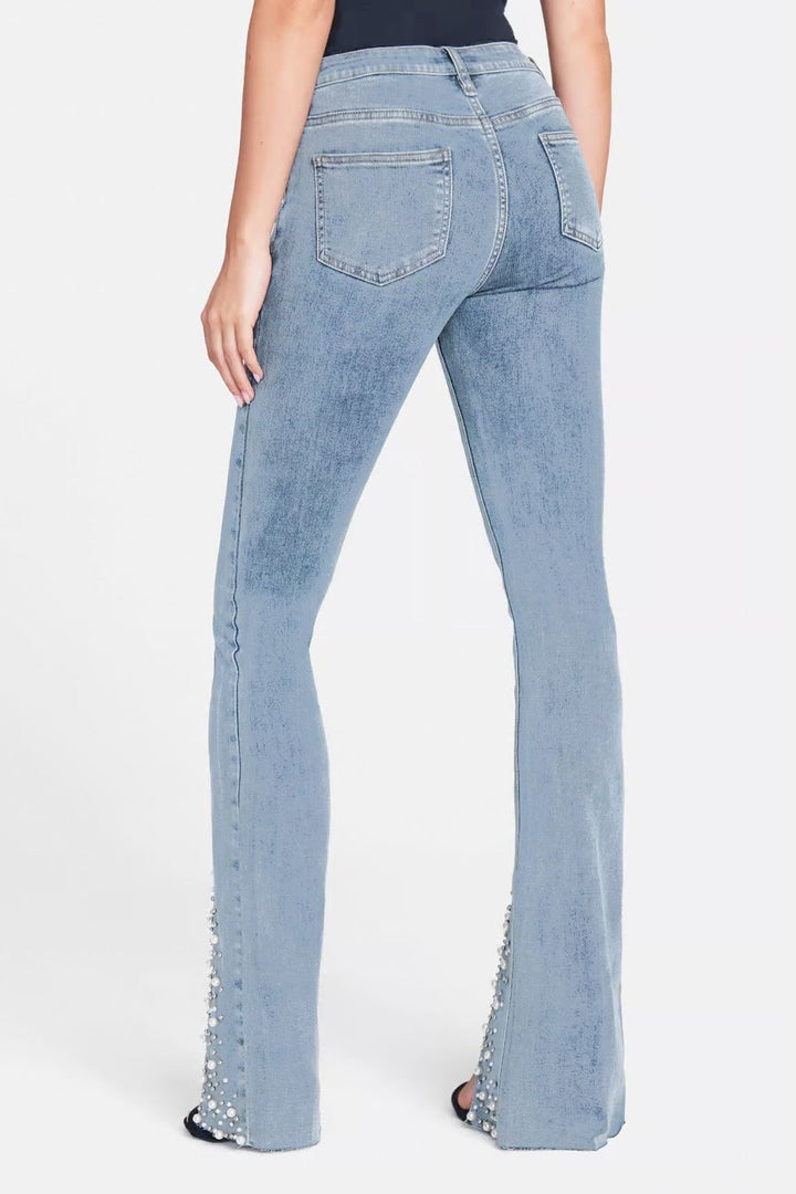 High Rise Embellished Boot Cut Flared Jeans - Iris Pearl