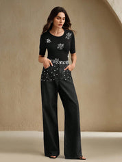 Black Dazzle Band - Rhinestone Embellished Wide Leg Jeans