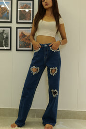 Eros - Rhinestone Embellished Cut Out Jeans - Dark Blue