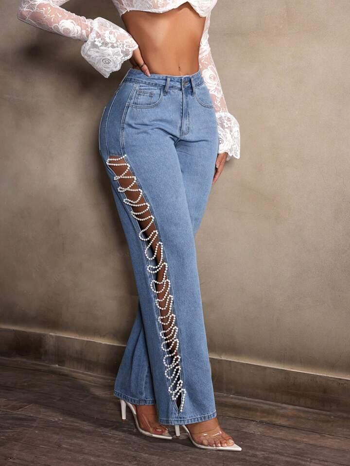 Alice - Pearl Embellished Slit Jeans