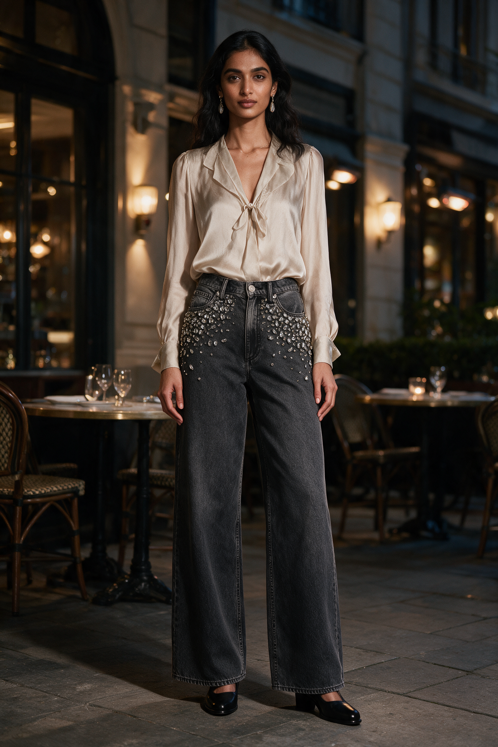 Glam Noir - Rhinestone Embellished Wide Leg Jeans - Black