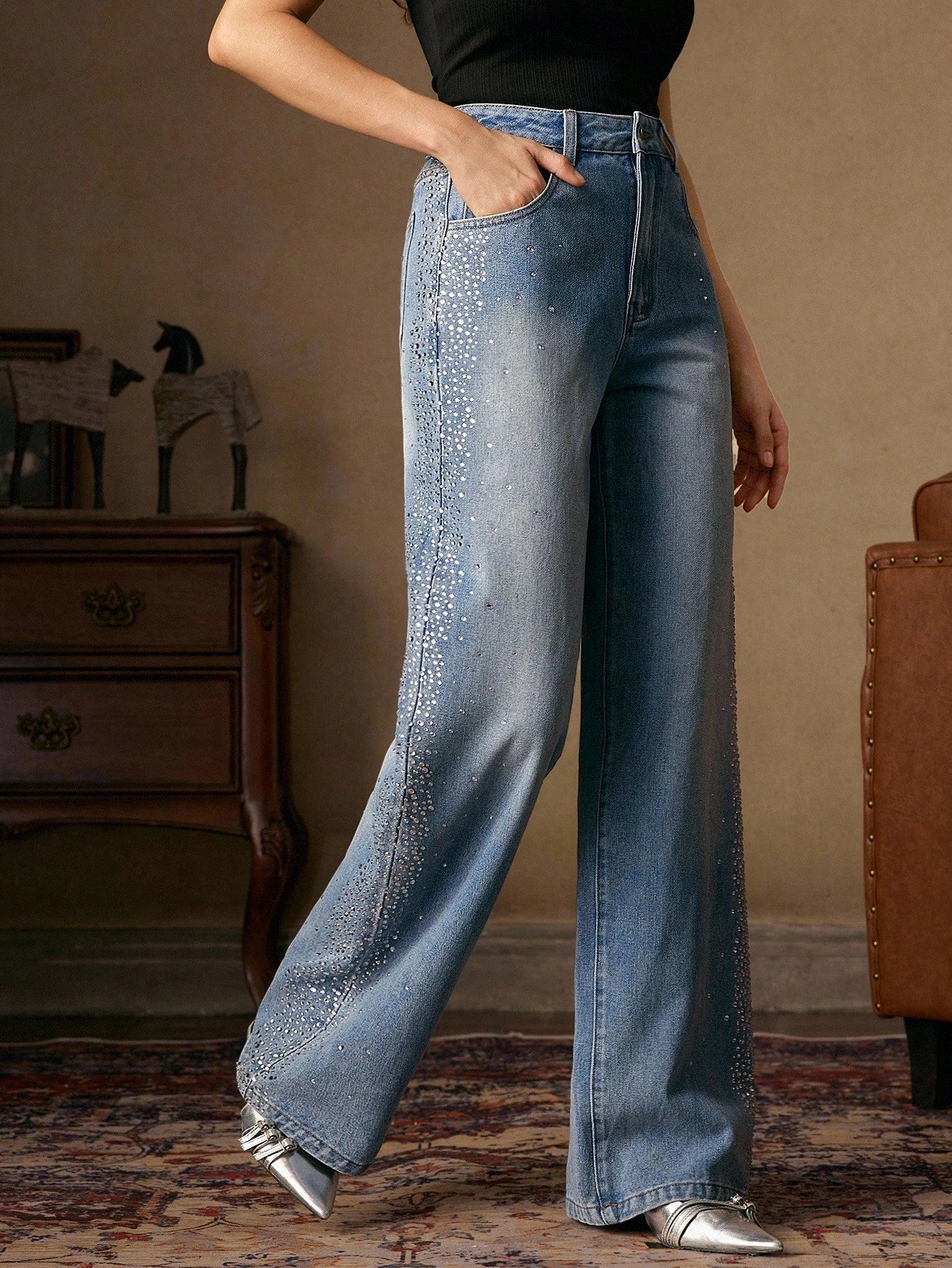 Mira - Rhinestone Embellished Wide Leg Jeans - Ice Blue