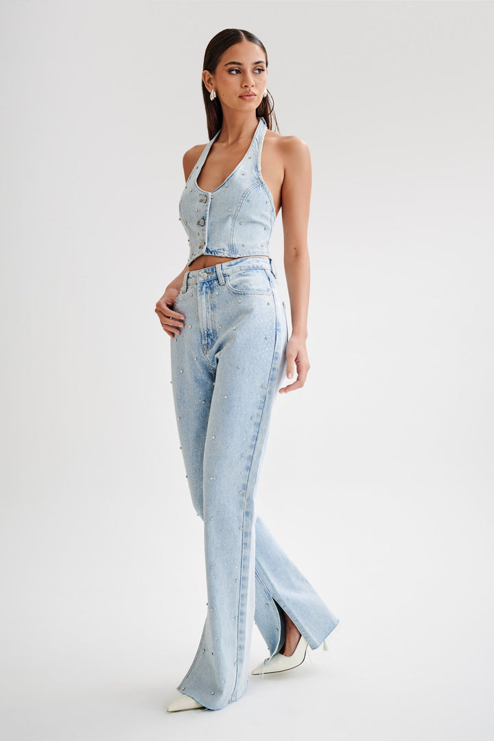 Rhinestone Embellished Wide Leg Jeans - Starlet Sparkle