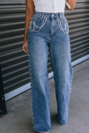 Lidia - Rhinestone Embellished Wide Leg Jeans - Ice Blue