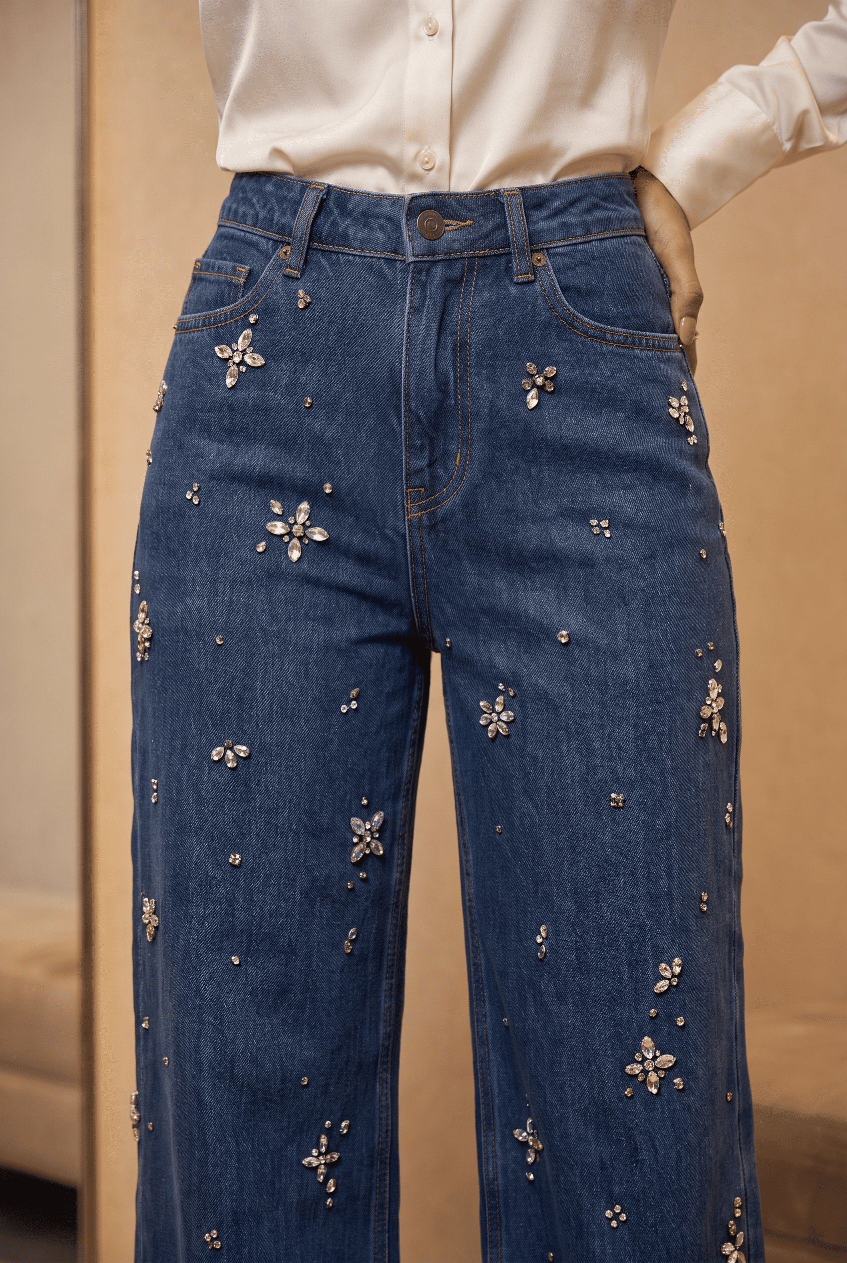 Moonflower - Rhinestone Embellished Jeans - Dark Blue
