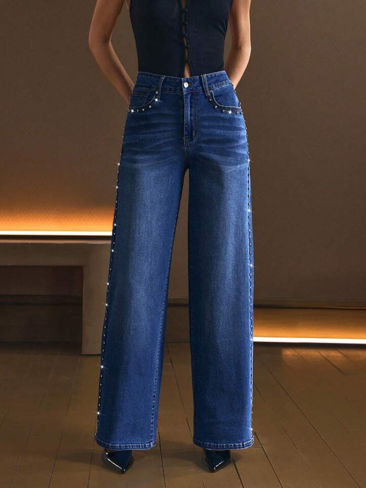 Starline - Rhinestone Embellished Wide Leg Jeans - Stone Blue